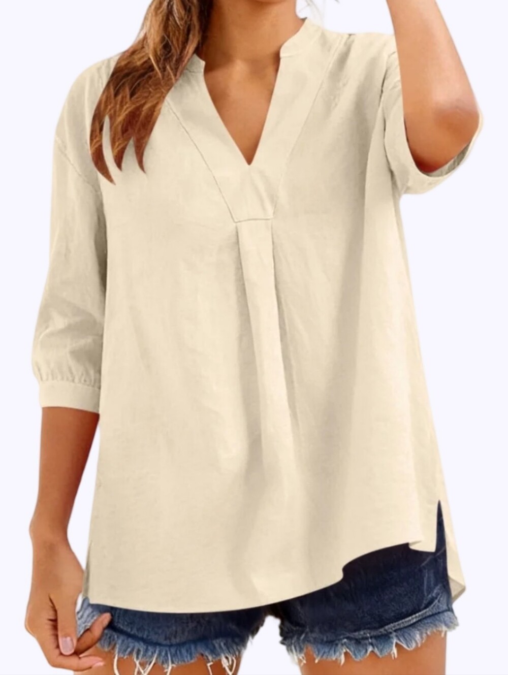 Calvin Klein Cream Linen Blend Roll Tab Sleeve Split V-Neck Tunic Top M4CA5500 L
